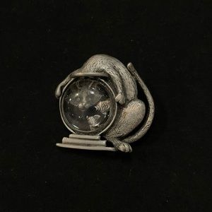 Vintage signed JJ silver pewter cat looking into fishbowl brooch/Pin